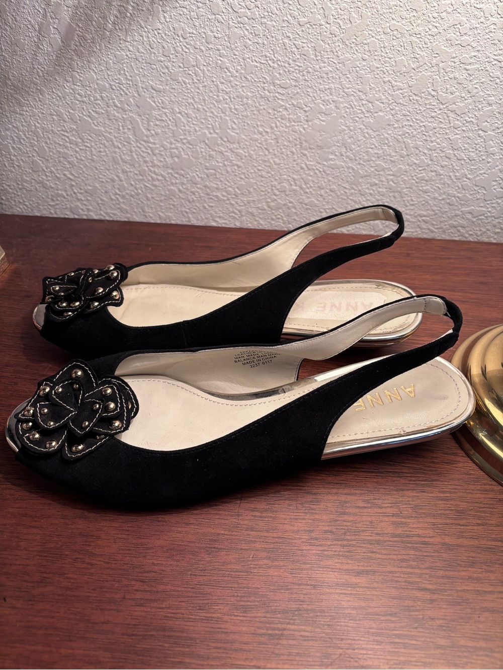 Anne Klein Black Slingback Peep-Toe Flats with Studded Flower Accent